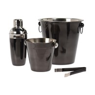 Zestaw barmański 4 el. czarny Loft Zestaw akcesoriów barmańskich do przyrządzania drinków wykonany ze stali nierdzewnej, w kolorze czarnym błyszczącym, zawierający: cooler, wiaderko na lód, szczypce, shaker
