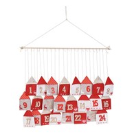 Kalendarz adwentowy czerwony Piękny kalendarz adwentowy w formie 24 filcowych domków pełniących role skrytek, domki zawieszone na sznurkach, świąteczna kolorystyka
