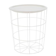 Druciany stolik kawowy biały 40 cm Wykonany w całości z metalu, malowany proszkowo na biało, może pełnić funkcję gazetnika, schowka bądź stolika kawowego o wymiarach: 40x40 cm