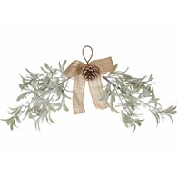 Gałązka świąteczna białe jagody Ośnieżona jemioła w formie dekoracyjnej zawieszki, ozdobiona kokardką i szyszką, jutowy sznurek do zawieszenia