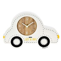 Zegar stojący samochód biały Wykonany z MDF zegar analogowy do pokoju dziecięcego, z motywem samochodzika na kółkach, do postawienia na półkę, w sam raz do nauki dziecka korzystania z zegarka