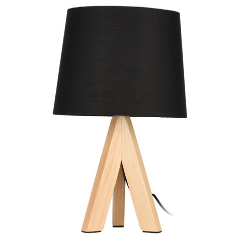 Lampka stojąca trójnóg czarna 29 cm Klasyczna, elegancka lampka nocna na 3 drewnianych nogach z czarnym abażurem o wysokości 29 cm