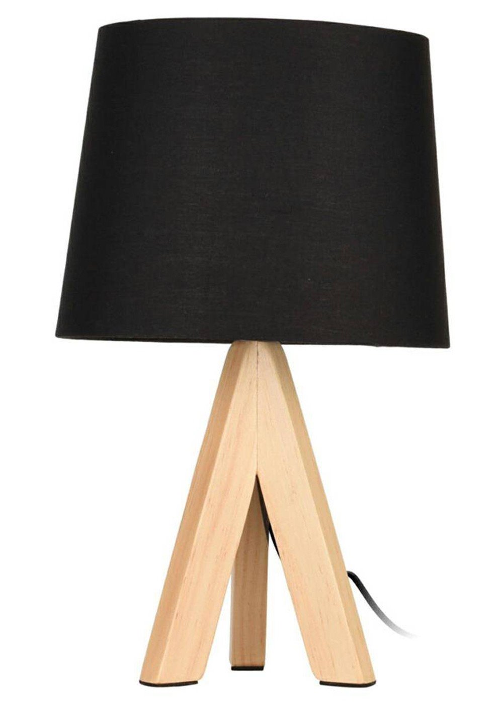 Lampka stojąca trójnóg czarna 29 cm Klasyczna, elegancka lampka nocna na 3 drewnianych nogach z czarnym abażurem o wysokości 29 cm