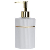 Dozownik na mydło i płyn biały Wykonany z ceramiki, pojemnik do mydła i płyn do naczyń z praktycznym dozownikiem, w eleganckim białym kolorze ze złotym dodatkiem o wymiarach: 18,5x8,2 cm