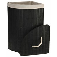 Kosz na pranie narożny bambusowy czarny Pojemnik łazienkowy z pokrywą i uchwytami, składany, narożny, wykonany z bambusa na bieliznę i ubrania, z wkładem bawełnianym o wymiarach: 60x35x35 cm