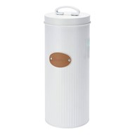 Pojemnik na makaron biały retro Biały pojemnik na makaron z przykrywką, puszka wykonana z wytłaczanego metalu, posiada etykietkę ze skóry ekologicznej z nadrukiem Pasta, wymiary: 27x11 cm