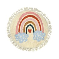 Dywan okrągły z frędzlami Tęcza 90 cm Dekoracyjny dywanik do pokoju dziecięcego, wykonany z bawełny, ozdobiony motywem tęczy i chmurek, posiada ozdobne frędzle
