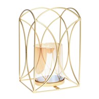 Świecznik metalowy złoty na tealighty Nowoczesny świecznik ze szklanym lampionem w kolorze bursztynowym o wymiarach: 24x15 cm