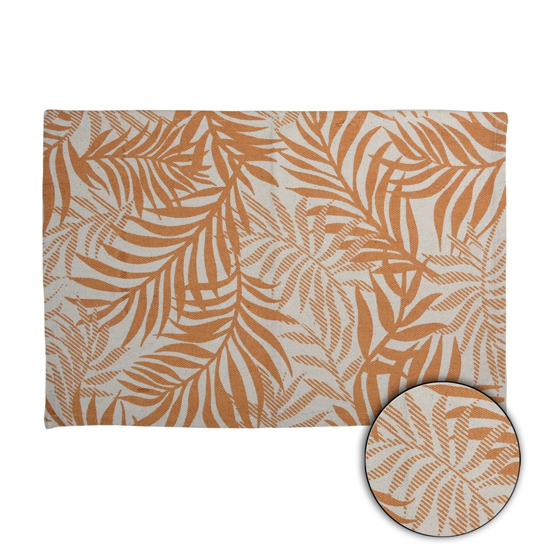 Dywanik bawełniany liście żółty 60x90 cm Bawełniany dywanik, zdobiony wzorem liści, prostokątny kształt i oryginalna kolorystyka, idealny na łazienki, kuchni czy na taras