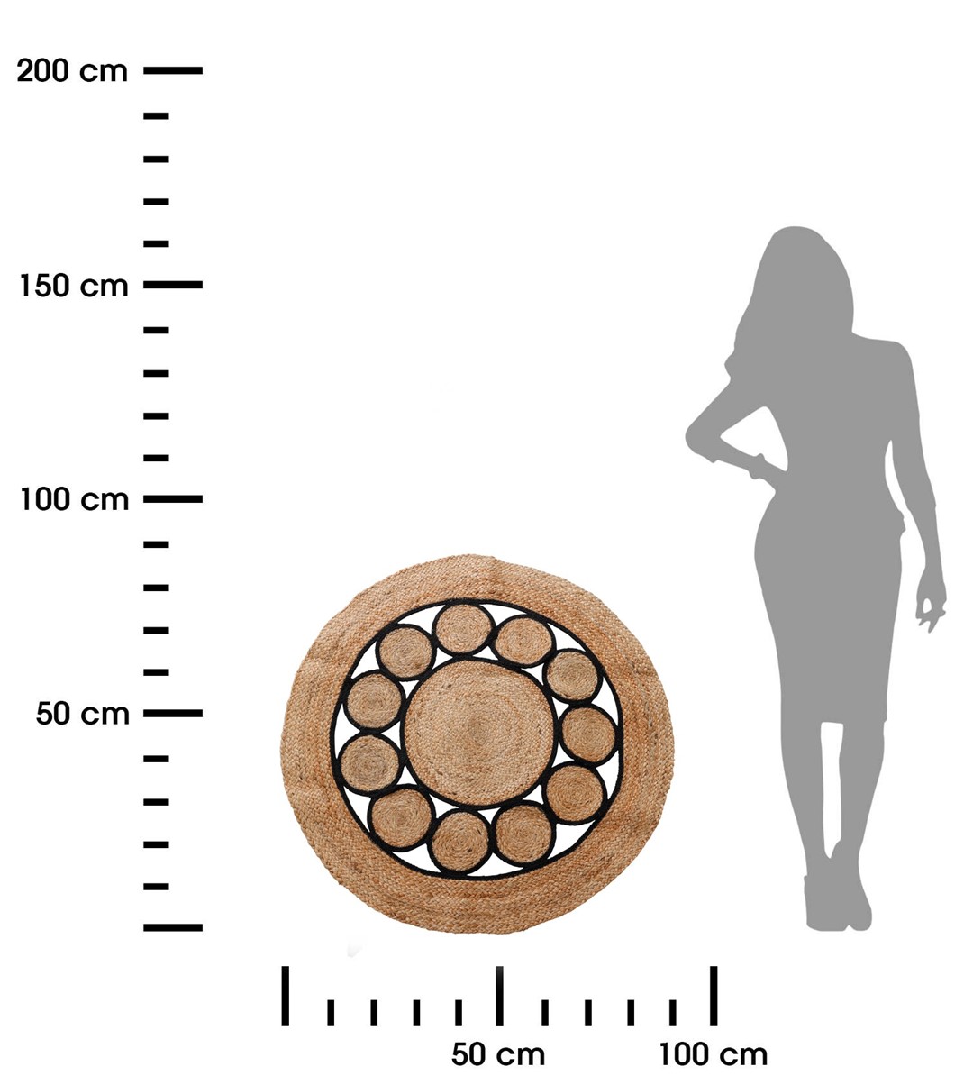 Dywan pleciony z Juty 90 cm Okrągły dywan z plecionej juty oraz z bawełnianymi wstawkami o średnicy 90 cm, który idealnie wpisuje się we współczesne, ekologiczne trendy wykończenia wnętrz