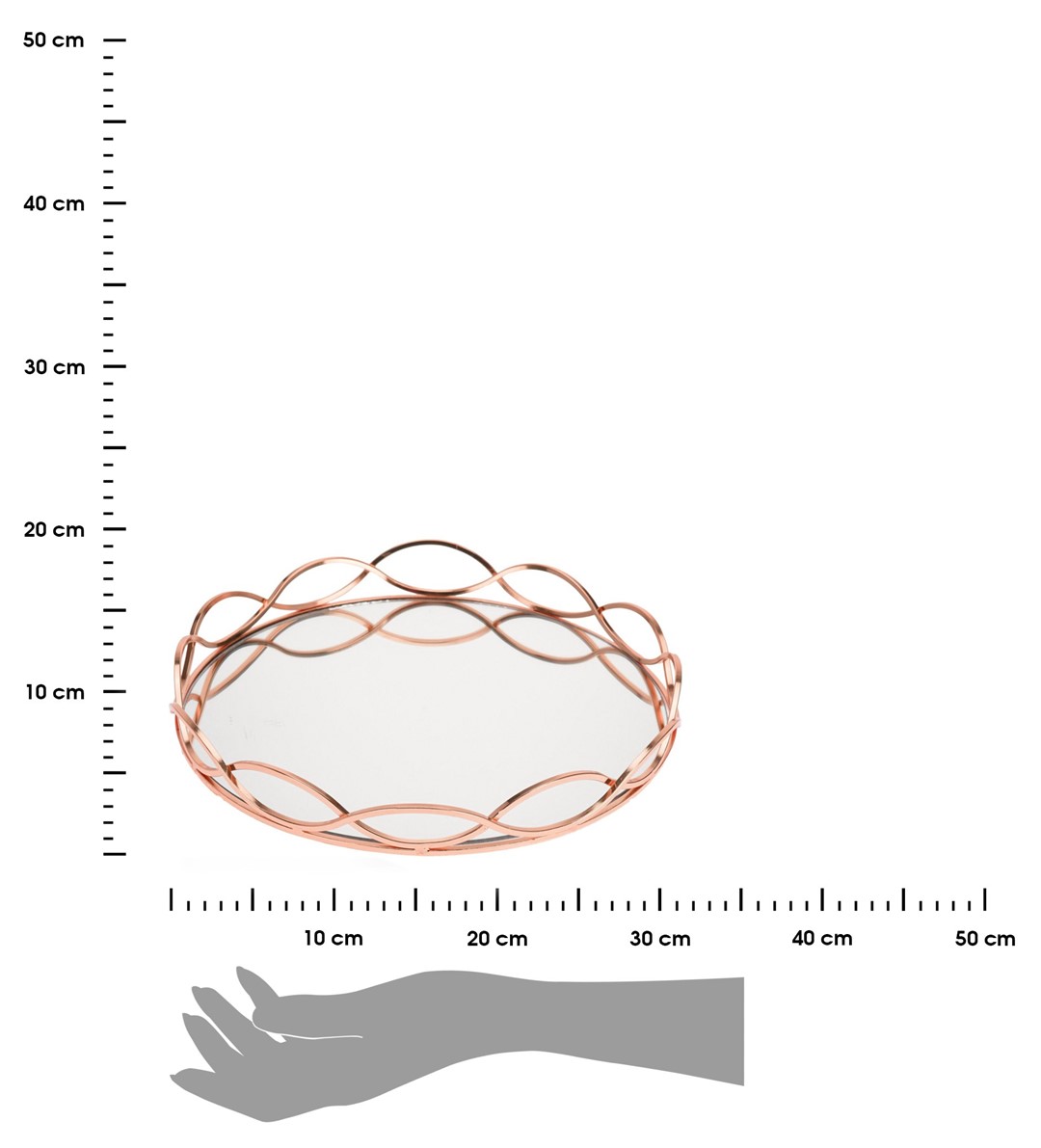 Taca z lustrem różowe złoto 31 cm Dekoracyjna, okrągła, patera w nowoczesnym stylu, wykonana z metalu oraz lustra, w kolorze różowego złota o wymiarach: 31x4 cm