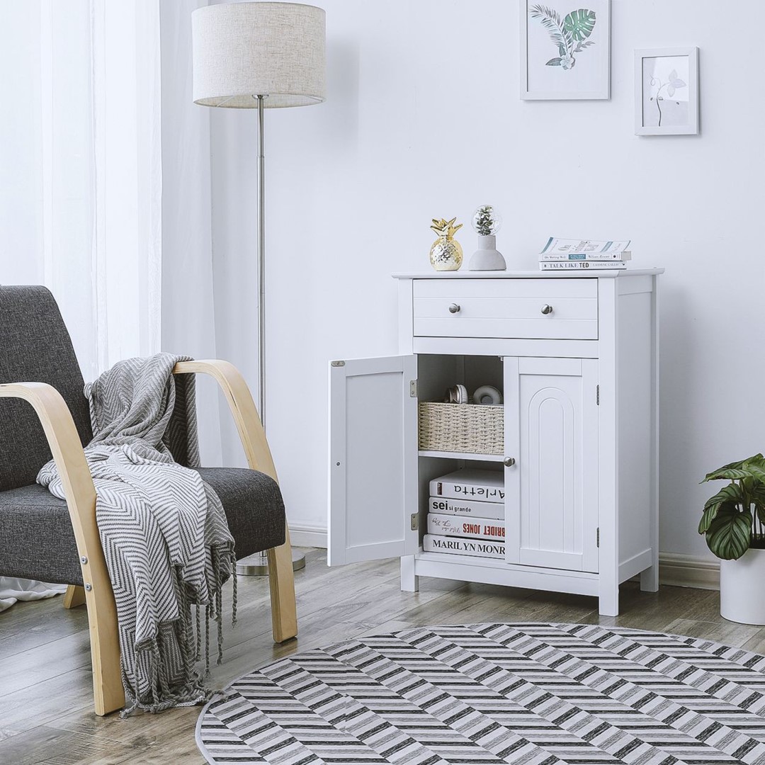 Szafka łazienkowa stojąca z szufladą Designerska szafka łazienkowa z szufladą, wykonana z solidnej płyty MDF, biała