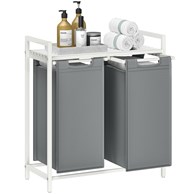 Kosz na pranie 2 komory i biała półka  Stojący kosz na pranie w stylu skandynawskim, nowoczesnym z 2 osobnymi komorami po 46 L oraz blatem MDF, który może posłużyć jako brakująca szafka w łazience, pralni, sypialni, garderobie