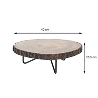 Podstawka drewniana na 3 nogach 40 cm Mini stoliczek, podpórka okrągła z naturalnym drewnianym blatem z czarnymi metalowymi nogami o wymiarach 40x13,5 cm