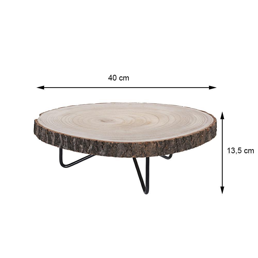 Podstawka drewniana na 3 nogach 40 cm Mini stoliczek, podpórka okrągła z naturalnym drewnianym blatem z czarnymi metalowymi nogami o wymiarach 40x13,5 cm