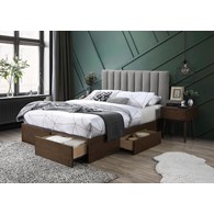 Łóżko Gorashi z szufladami 160x200 cm Wysokiej jakości popielata tkanina, okleina w kolorze orzech, wyposażone w szuflady, bez materaca, mebel do samodzielnego montażu