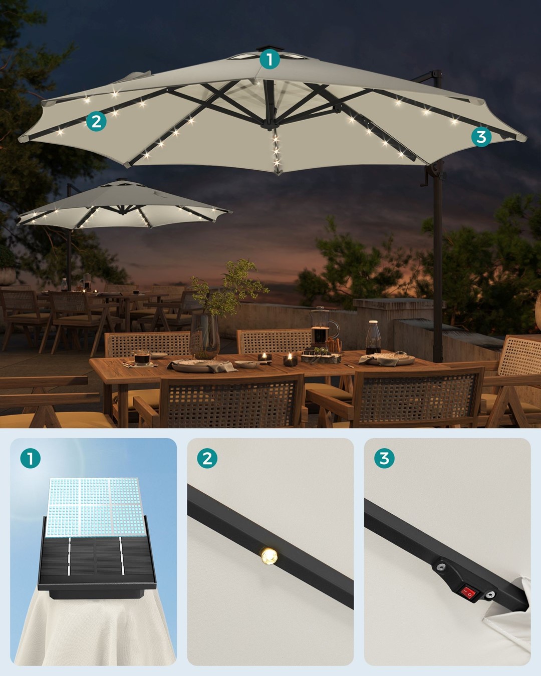 Duży parasol 300 cm z 28 diodami LED beż