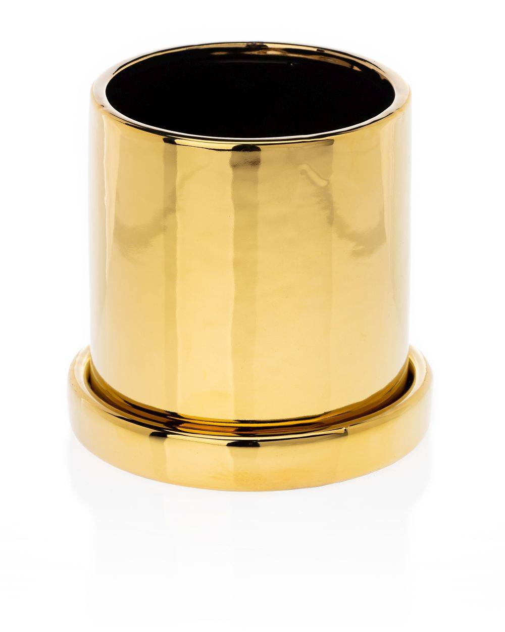 Doniczka ze spodkiem Hanya Gold 13 cm Wykonana z ceramiki w kolorze złotym. Zestaw zawiera doniczke oraz spodek. Wymiary 13x13x13cm.