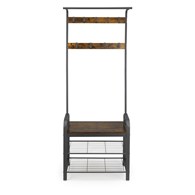 Wieszak na ubrania z półkami siedziskiem Wolnostojący wieszak na odzież z 9 haczykami, siedziskiem i 2 półkami na buty w brązowo-czarnej kolorystyce vintage LOFT