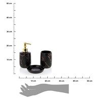 Komplet łazienkowy Lua Black 3 elem. Wykonany z ceramiki w kolorze czarnym ze złotymi wstawkami. Zestaw zawiera dozownik do mydła, mydelcznikę oraz kubeczek.