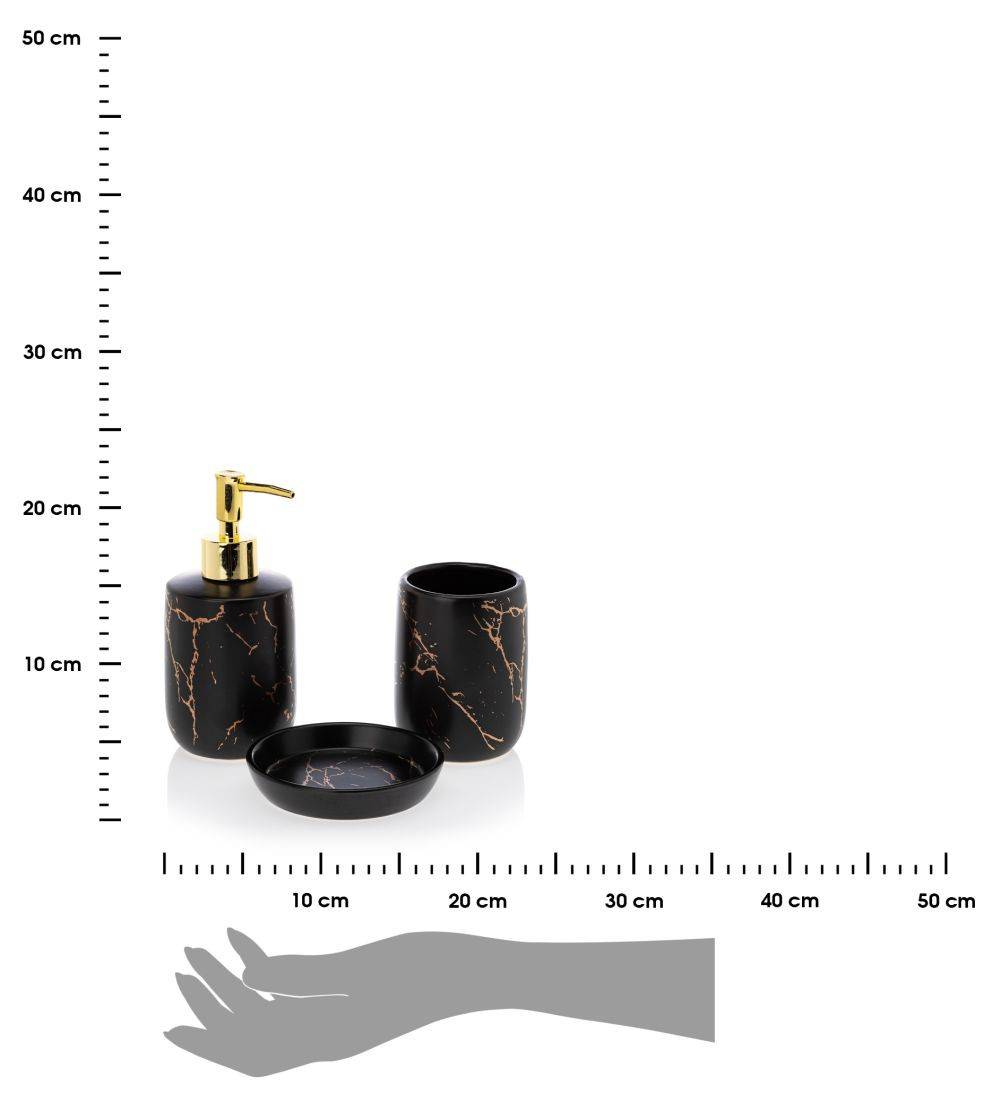 Komplet łazienkowy Lua Black 3 elem. Wykonany z ceramiki w kolorze czarnym ze złotymi wstawkami. Zestaw zawiera dozownik do mydła, mydelcznikę oraz kubeczek.