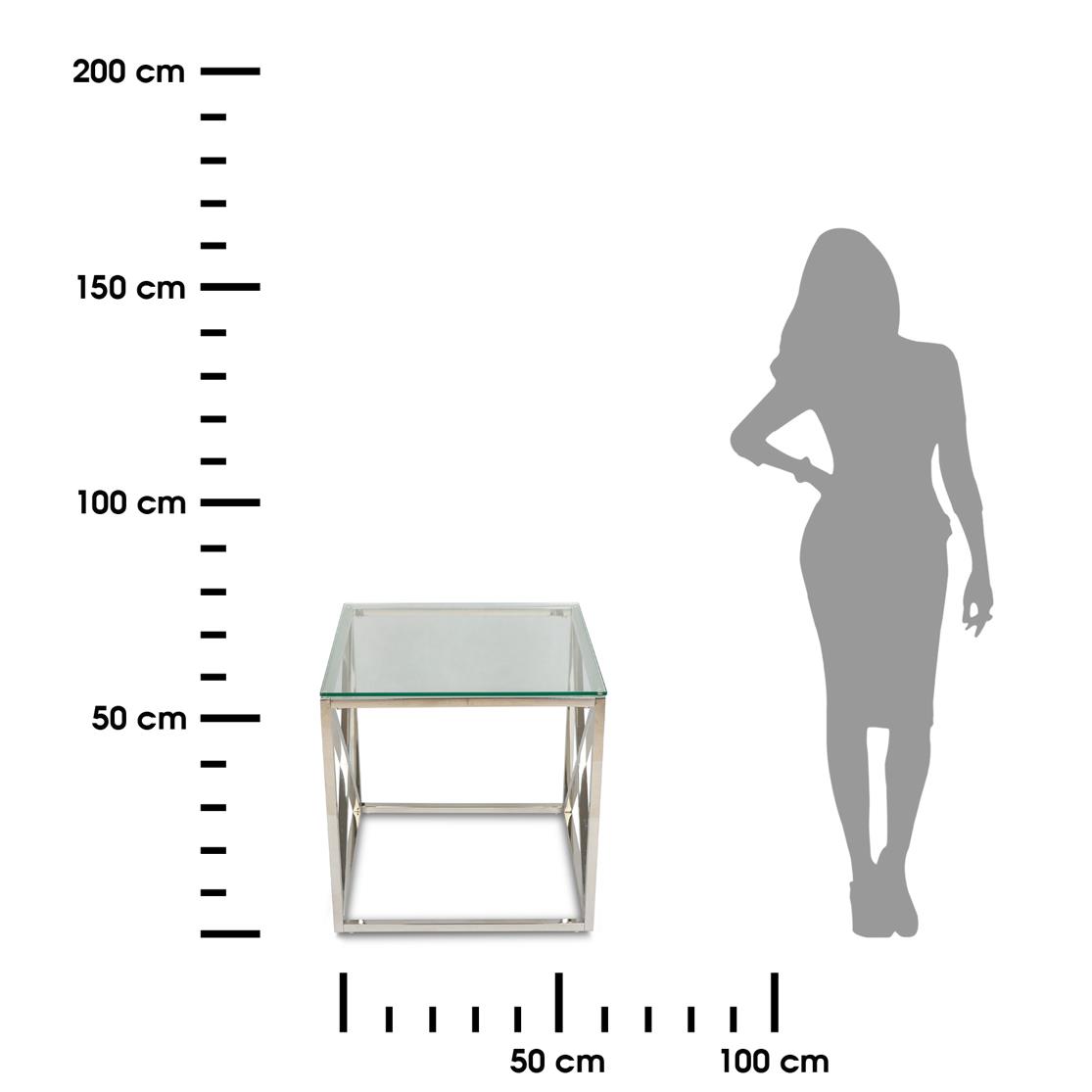 Stolik kawowy Nelja Silver 55 cm Wykonany ze stali nierdzewnej w kolorze srebrnym, wymiary 55x55x55 cm, blat z hartowanego szkła