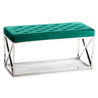 Ławka pikowana Nelja Silver Green Pufa w stylu glamour, rama wykonana ze stali w kolorze srebrnym, pikowane siedzisko w kolorze zielonym o szerokości 97 cm