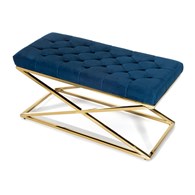 Ławka pikowana Saliba Gold Blue Pufa w stylu glamour, rama wykonana ze stali w kolorze złotym, pikowane siedzisko w kolorze niebieskim o szerokości 97 cm
