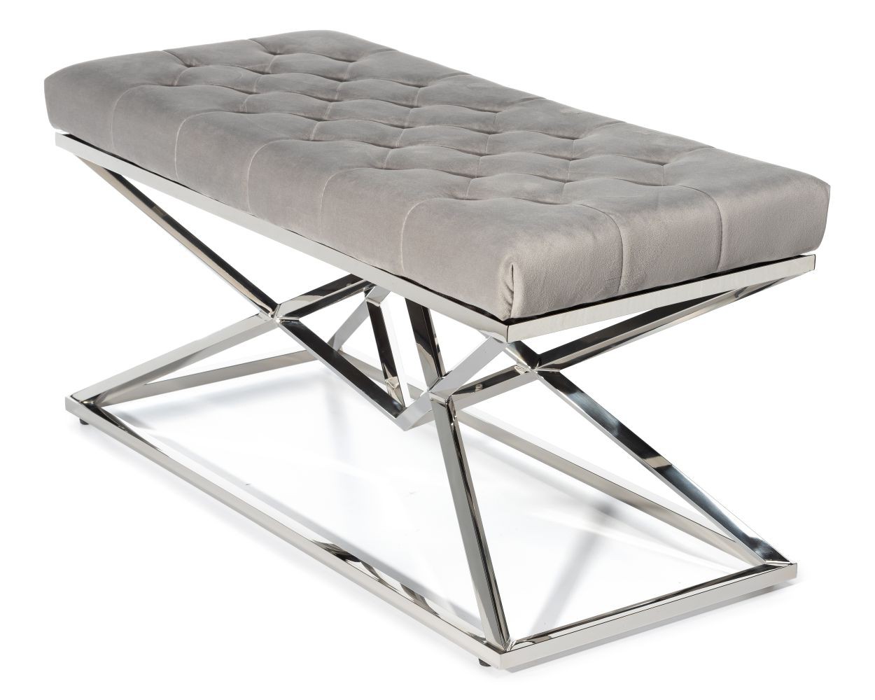 Ławka pikowana Diamanto Silver Gray II Stylowa pufa, na stalowej, srebrnej ramie z pikowanym obiciem w kolorze szarym o wymiarach 98x46x48 cm