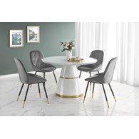 Krzesło tapicerowane K-437 popiel welur Stalowe nogi w kolorze czarno złotym, obicie wykonane z wysokiej jakości welurowej tkaniny, stanowić będzie eleganckie uzupełnienie wystroju salonu lub jadalni