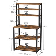 Regał kuchenny 6 półek + haczyki LOFT Regał pomocniczy do kuchni posiada 6 półek i 6 haczyków, w stylu vintage brązowo-czarny, solidny i stylowy.