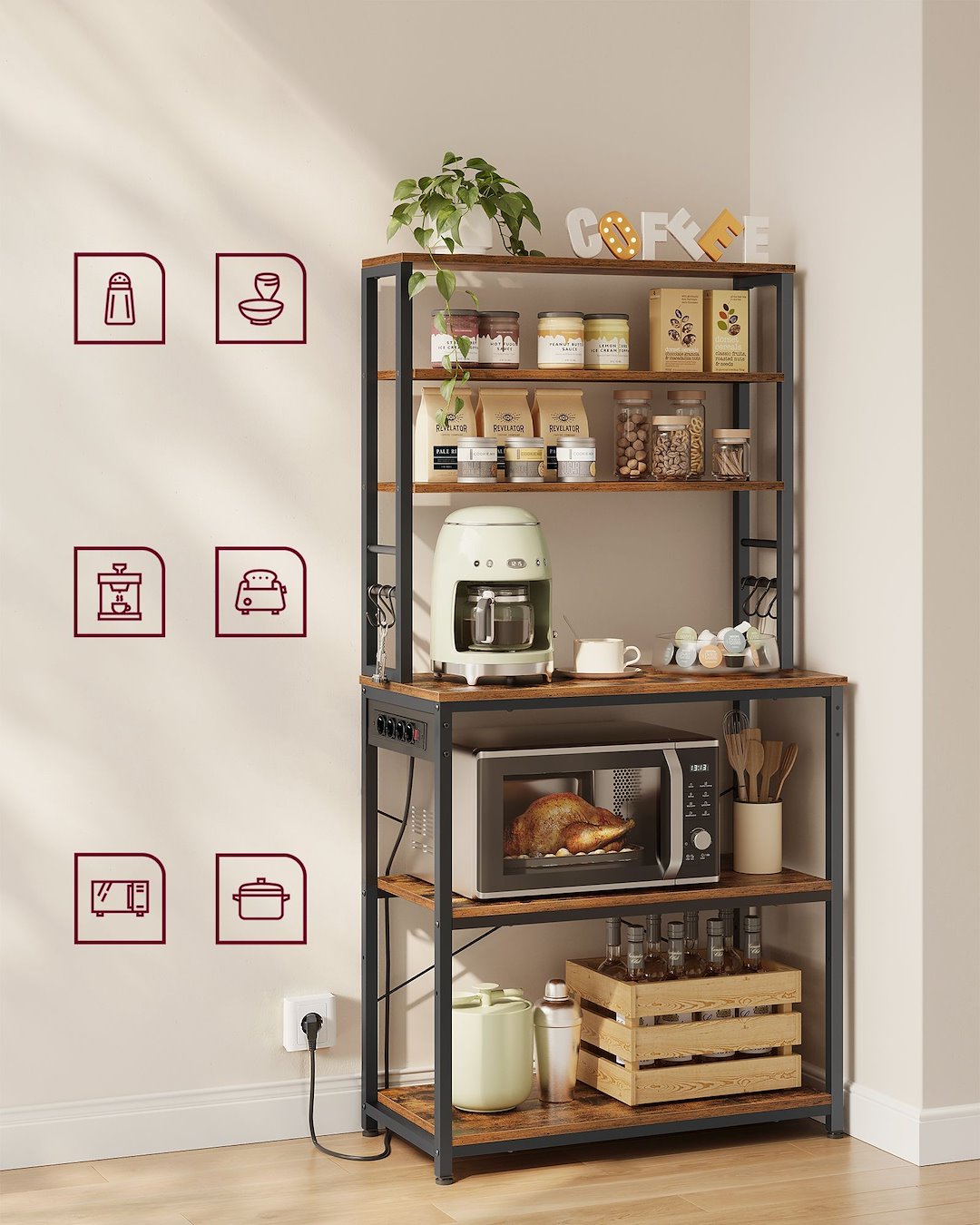 Kuchenny regał z listwą zasilającą brąz