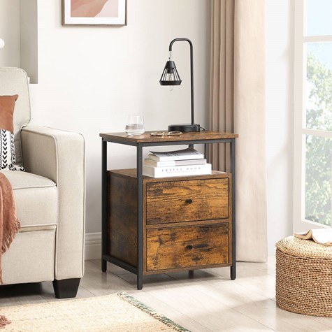 Szafka nocna z szufladami brąz LOFT Szafka nocna z 2 pojemnymi szufladami w kolorze rustykalnego brązu, stolik pomocniczy do salonu, sypialni, przedpokoju.