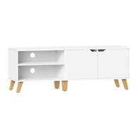 Biała szafka pod TV do 65 cali Skandynawska szafka pod telewizor wykonana z solidnej płyty MDF z 2 otwartymi półkami i szafką w stylu minimalistycznym, boho idealna do salonu, sypialni, jadalni