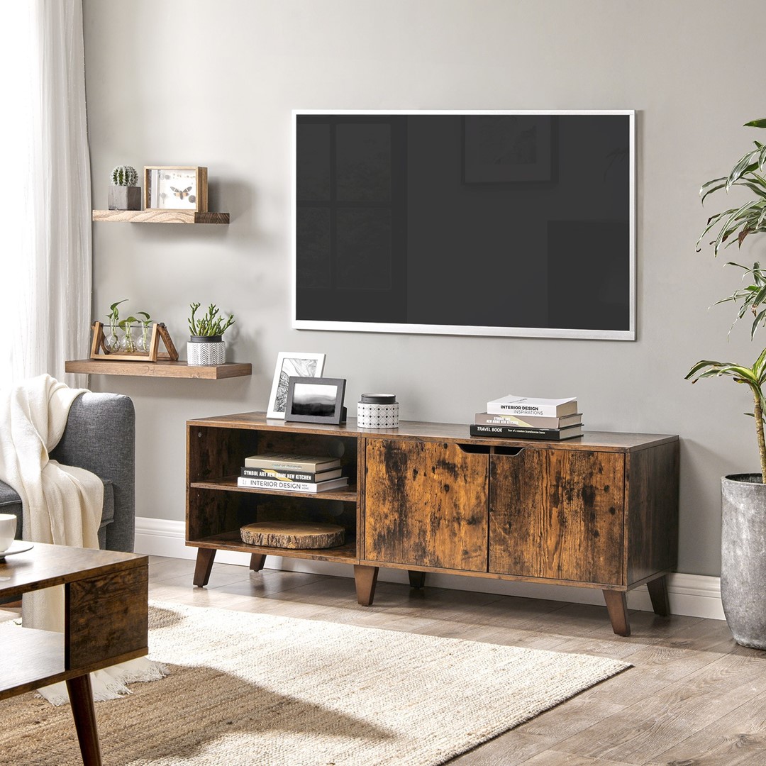 Szafka pod telewizor RTV brąz VINTAGE Szafka pod TV wykonana z solidnej płyty MDF i wytrzymałej czarnej metalowej ramy w stylu loftowym, industrialnym, rustykalnym, vintage.