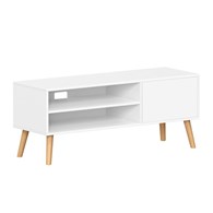 Biała szafka pod telewizor do 55 cali Szafka pod telewiozr wykonana z solidnej płyty MDF i drzewa kauczukowego z 2 otwartymi półkami i szafką w stylu minimalistycznym, boho, retro idealna do salonu, sypialni, jadalni