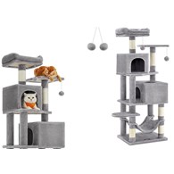 Wysoki drapak dla kota jasnoszary 155 cm Stabilny wielopoziomowy drapak z 5 kolumnami do drapania, 2 platformami, hamakiem, 2 legowiskami i 2 pluszowymi piłkami