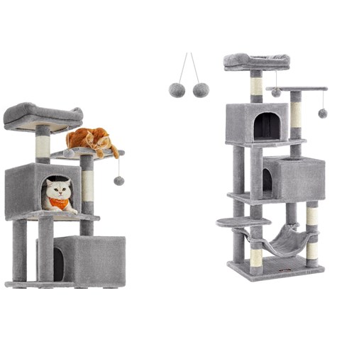 Wysoki drapak dla kota jasnoszary 155 cm Stabilny wielopoziomowy drapak z 5 kolumnami do drapania, 2 platformami, hamakiem, 2 legowiskami i 2 pluszowymi piłkami