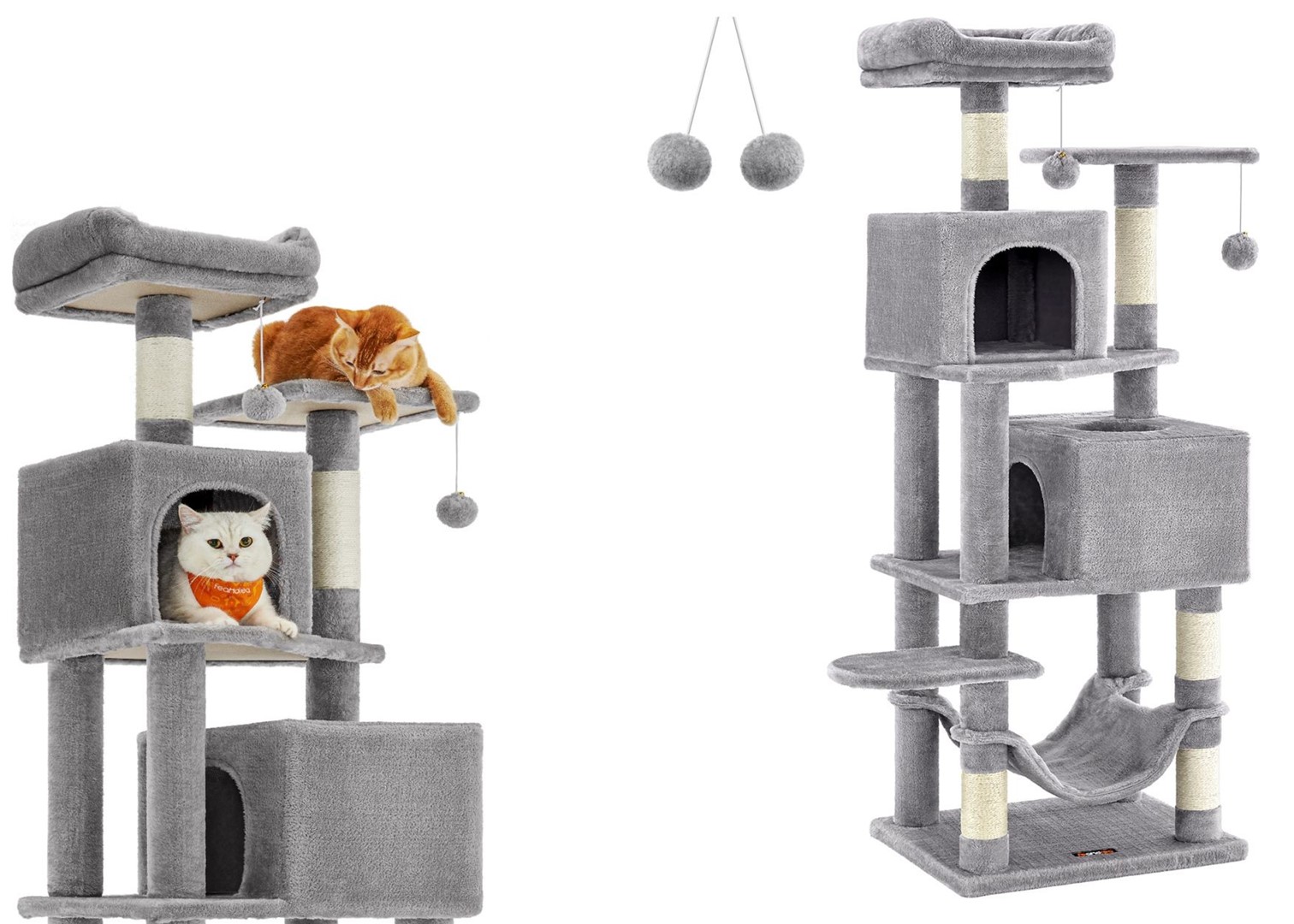 Wysoki drapak dla kota jasnoszary 155 cm Stabilny wielopoziomowy drapak z 5 kolumnami do drapania, 2 platformami, hamakiem, 2 legowiskami i 2 pluszowymi piłkami