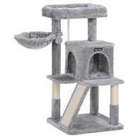 Drapak dla kota 96 cm jasnoszary Stabilny drapak wykonany z płyty MDF z dużą platformą, koszem, jaskinią z 2 otworami, rampą i słupkami owiniętymi sizalem do drapania