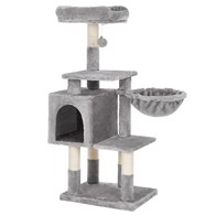 Jasnoszary drapak dla kota 110 cm Stabilny drapak wykonany z płyty MDF z podwyższoną platformą, koszem, przytulną jaskinią, pomponem i słupkami owinitęymi sizalem do drapania