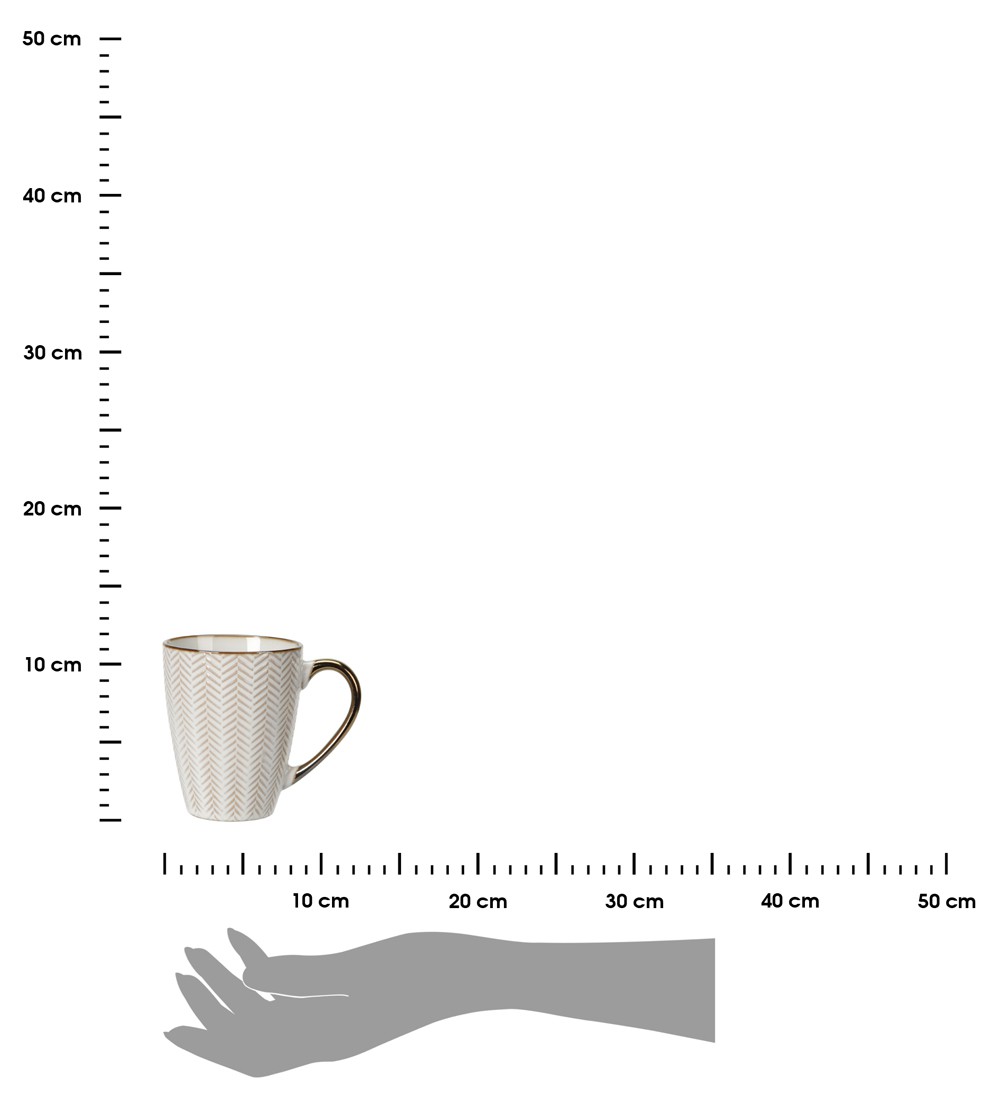 Kubek ceramiczny Queen 370 ml wzór 3 Elegancki kubek do kawy i herbaty, wykonany z ceramiki z wytłaczanym wzorem i dekoracyjną obręczą w kolorze złoto miedzianym o pojemności 370 ml
