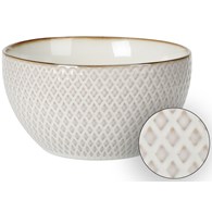 Miska ceramiczna Queen 650 ml wzór 1Elegancka salaterka, miseczka, wykonana z ceramiki z wytłaczanym wzorem i dekoracyjną obręczą w kolorze złoto miedzianym o pojemności 650 ml i wymiarach: 7,6x14 cm