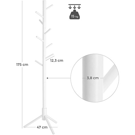 Wieszak na ubrania drewniany biały 175cm Wolnostojący wieszak na ubrania z litego drewna w kształcie drzewa, 8 haczyków, biały.