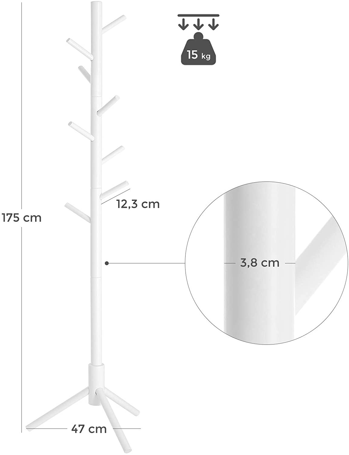 Wieszak na ubrania drewniany biały 175cm Wolnostojący wieszak na ubrania z litego drewna w kształcie drzewa, 8 haczyków, biały.