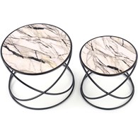 Komplet 2 stolików Susanna White Marble Stalowa podstawa, blat wykonany z MDF-u z okleiną imitującą marmur, idealnie sprawdzą się jako stolik pomocniczy w salonie przy kanapie bądź fotelu