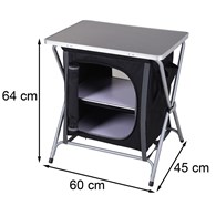 Szafka turystyczna ze stolikiem 64 cm Składany stolik turystyczny z dwiema półkami, pełniący funkcję stolika oraz szafki, wykonany ze stali z blatem mdf, o wymiarach: 64x60x45 cm