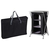 Szafka turystyczna ze stolikiem 97 cm Składany stolik turystyczny z trzema półkami, pełniący funkcję stolika oraz szafki, wykonany ze stali z blatem mdf, o wymiarach: 97x60x53 cm