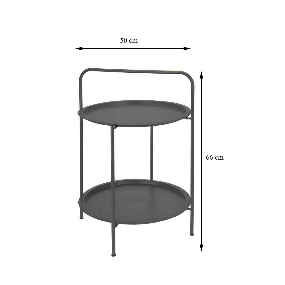 Stolik dwupoziomowy metalowy szary Okrągły kawowy stół, wykonany z metalu, w kolorze ciemno szarym, na dwa poziomy o wymiarach: 66x50 cm
